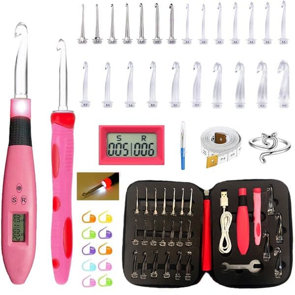 24pcs Crochet Hook Set with Counter Ergonomic Knitting Needles Kit with Led Light&Row Digital Counter DIY Tool for Knitting Hook