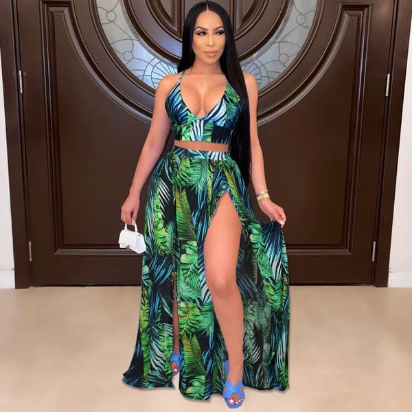 Summer womens sexy suspender vest print swing skirt two piece beach skirt suit