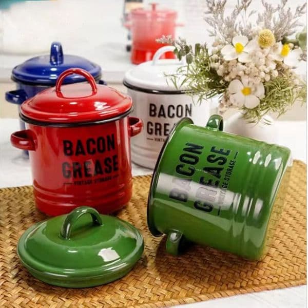 New 2 Handles Bacon Grease Container Lid Large-capacity Enamelware Cup Mini Vintage Seasoning Storage Tank