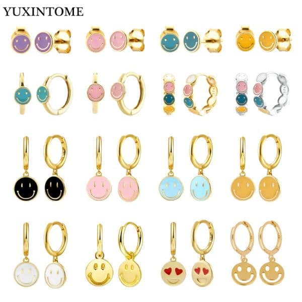 925 Sterling Silver Ear Needle Enamel Smile Face Gold Pendant Earrings Hoop Ear Buckle Party Fashion Jewelry Girl Birthday Gift
