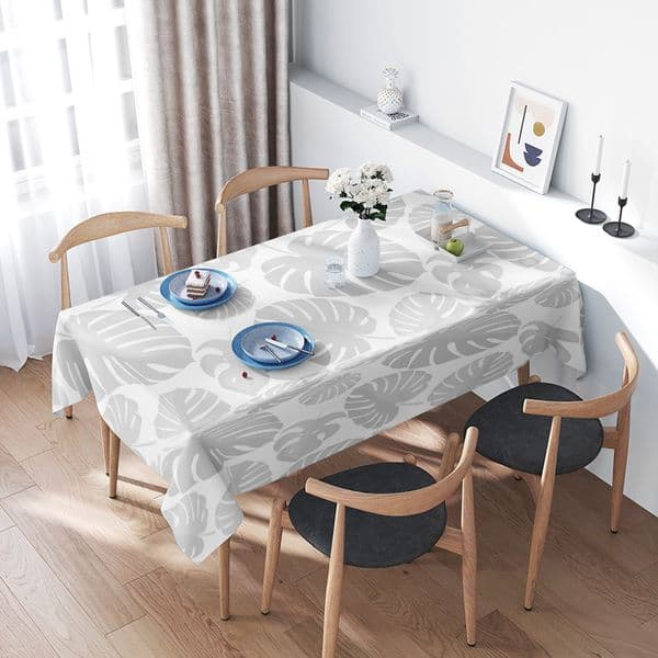 Grey White Monstera Leaf Printed Tablecloth for Dining Room Modern Home Decor