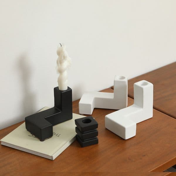 White Ceramic Geometric Candle Holder Lamp for Table Design - Modern Minimalist Candlestick Centerpiece Dining Decor