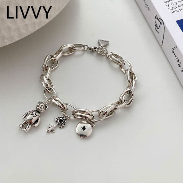 LIVVY Thai Silver Color Bracelet New Fashion Vintage Punk Lovely Bear Flower Round Pendant Party Jewelry Gifts