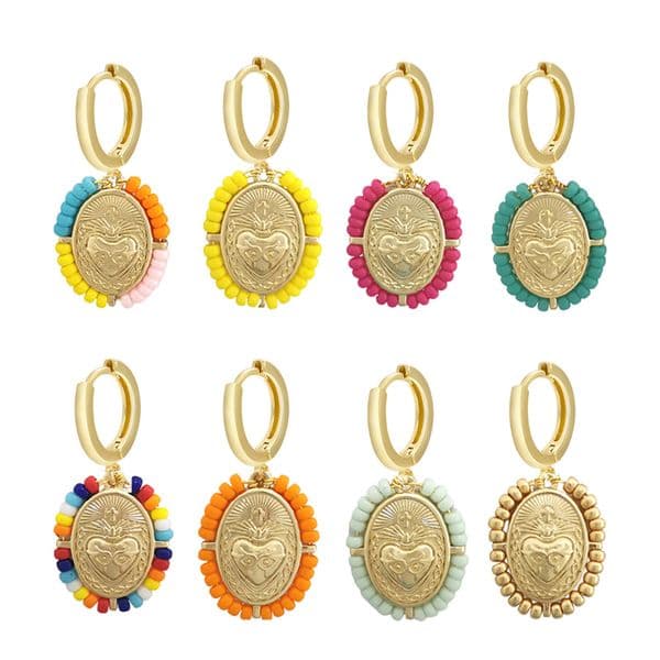 QMHJE Dangle Hoop Earrings Women Virgin Mary Scared Heart Cross Mom Circle Hand Seed Beads Chain Yellow Gold Color Rainbow Boho