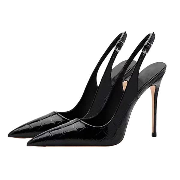Wholesale Women's Black Stone Texture Patent Leather Stiletto Sandals - Pointed Toe Ankle Strap Buckle Evening Party Shoes (Factory Direct from Chengdu)