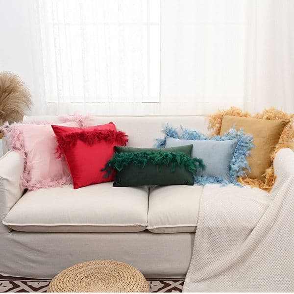 Solid Color Feather Patchwork Cushion Cover Home Decor Velvet Pillow Cover Decorative Pompom Throw Pillowcase Pillowsham 45x45CM