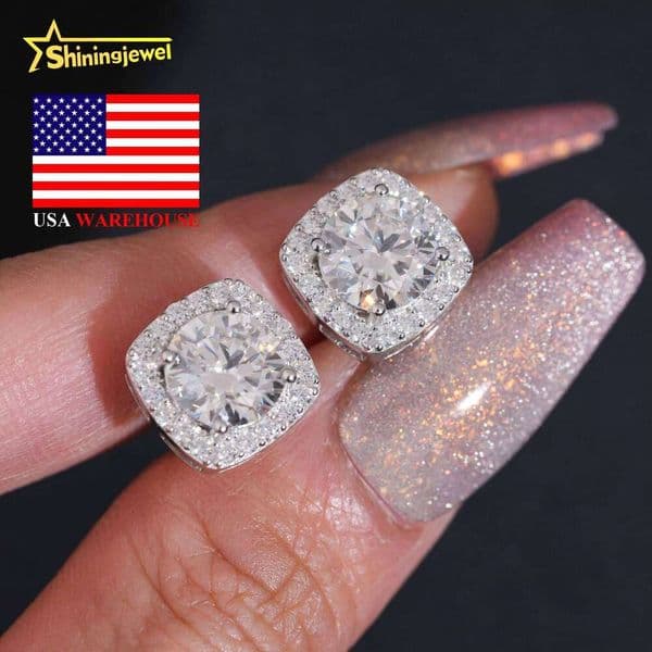 Hip Hop Fashion Jewelry Sier Dia Stud 2ct Per Pair Iced Out Moissanite Screw Back Halo Earrings