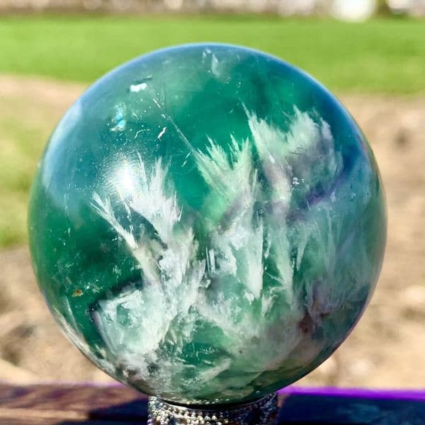 Rare Natural Snowflake Feather Fluorite Ball, Quartz Crystal Energy Ball Mineral Reiki Healing Stone, Degaussing Magic Divinatio