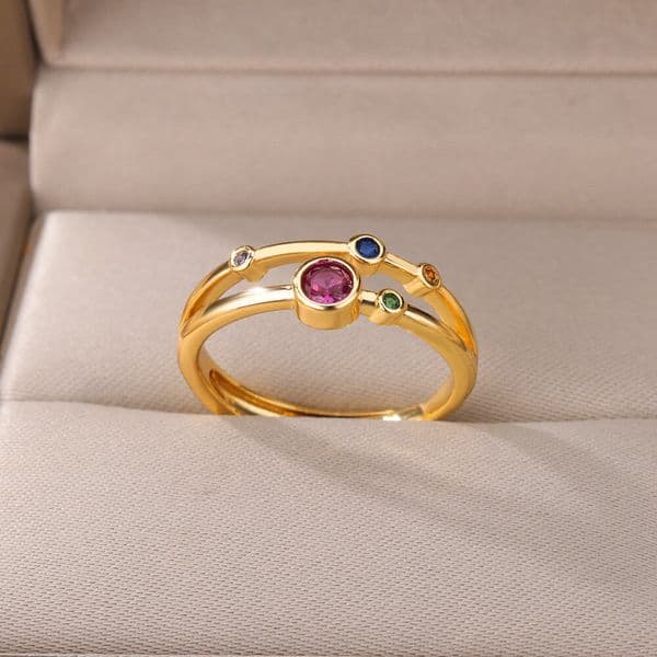 Double Layers Rainbow Zircon Round Rings For Women Aesthetic Adjustable Stainless Steel Wedding Ring Trendy Jewelry Gifts 2023
