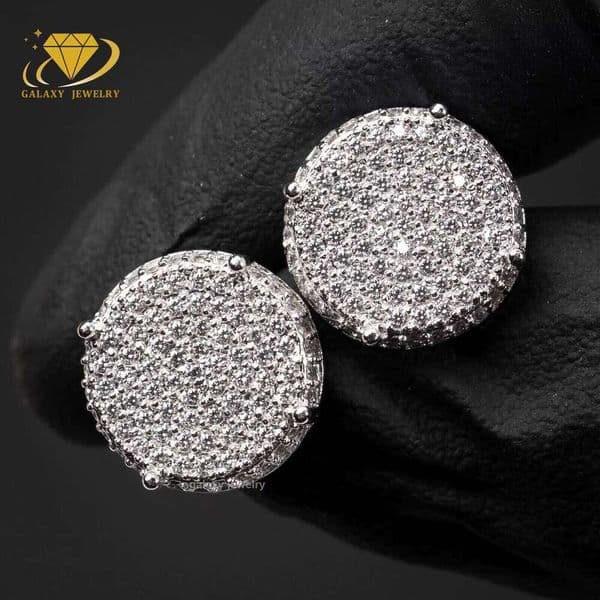 Fashion Large Round Micro Pave Moissanite Dia Sterling Sier Bling Hip Hop Men Iced Out Stud Earrings