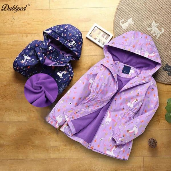 Dubbped Kids Girls Unicorn Purple Rain Jacket Waterproof Coat Lightweight Hooded Warm Lined Raincoats Windbreakers 3-12Y