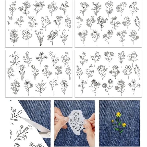 4 Sheets Flowers Pattern Water Soluble Hand Sewing Stabilizers for Fabric Embroidery Stitch for Embroidery Beginners Lovers