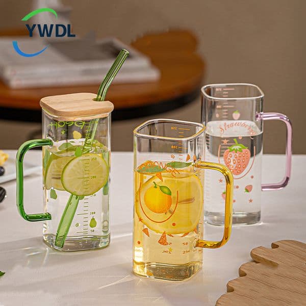 350ml Glass Straw Cup With Scale Clear Tumbler With With Lid And Straw Iced Coffee Handle Cup Drinking Mug For Juice Milk Tea