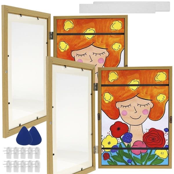 1/2Pcs Kids Art Frame Set A4 Front Opening Photo Frames Wooden Kids Artwork Display Frame for 100 Pictures Horizontal and