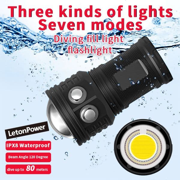 LetonPower Underwater Photography Light Highlight 12000Lumens COB Lamp LED Diving Flashlight 100M Waterproof Video Torch