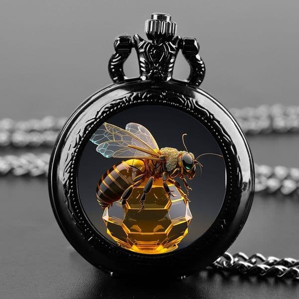 Creative Honey Glass Dome Quartz Pocket Watch for Women Men Black Necklace, Unique Pendant Clock Chain Watch Gift Accessories