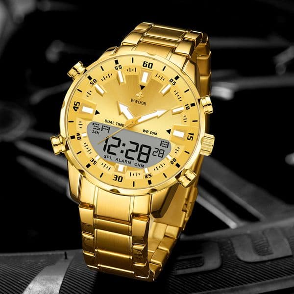 WWOOR Luxury Watches For Men Military Chronograph Digital Quartz Man's Wristwatch Waterproof Stainless Steel Luminous Male Clock