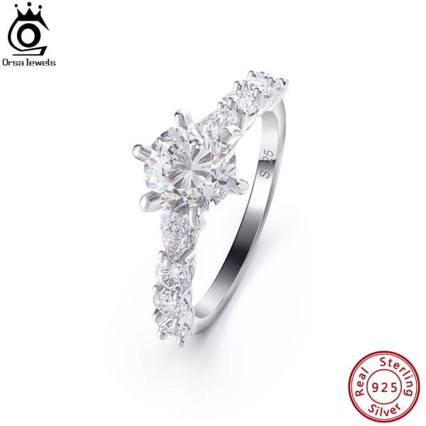 ORSA JEWELS 925 Sterling Silver Women's Ring Luxury Faux Diamond Round Halo Premium 8A Cubic Zirconia Wedding Jewelry LZR13