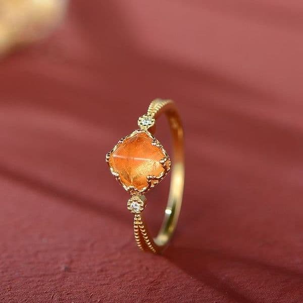 Vintage Diamond Geometry Refreshing Glossy Orange Gemstone Rings for Women Palace Style Ring Fashion Fine Jewelry Gift