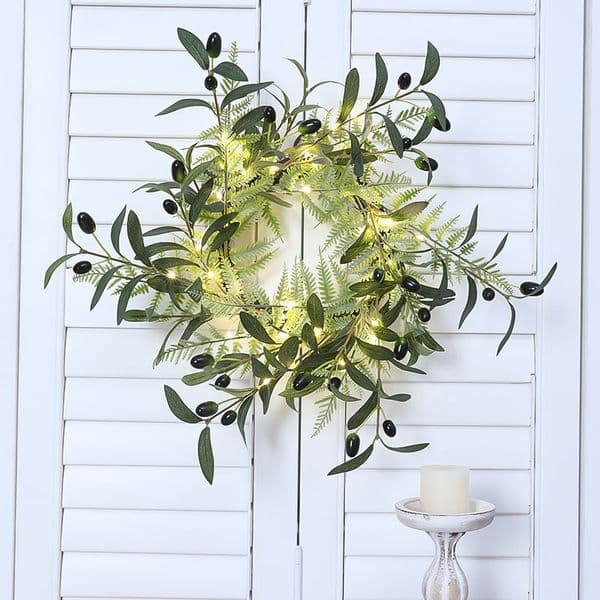 18Inch Artificial Olive Branch LED Light Wreath, Indoor And Outdoor Courtyard Festival Party Door Wall Decoration