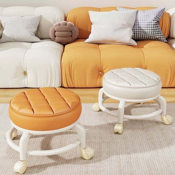 Low Stool with Wheels,Leather Fabric Portable Small Round Waterproof Durable Stool Thickening Seat Cushion Simple Soft Stool