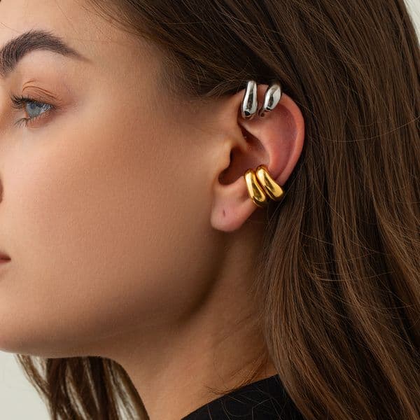 18K Gold Plated Stainless Steel Exquisite Punk Hip Hop Irregular Smooth Ear Clip Personality Charm Waterproof Trendy Jewelry