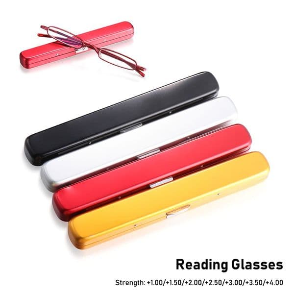Glasses Spring Hinge Metal Frame Readers Eyeglasses with Portable Pen Clip Case Mini Reading Glasses Blue Light Blocking