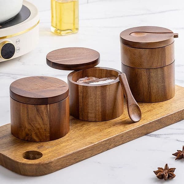 Salt Cellar with Spoon and Swivel Lid, Acacia Wood Salt Salt Keeper, Wood Jar for Kitchen, Perfect for Storing Seasonings