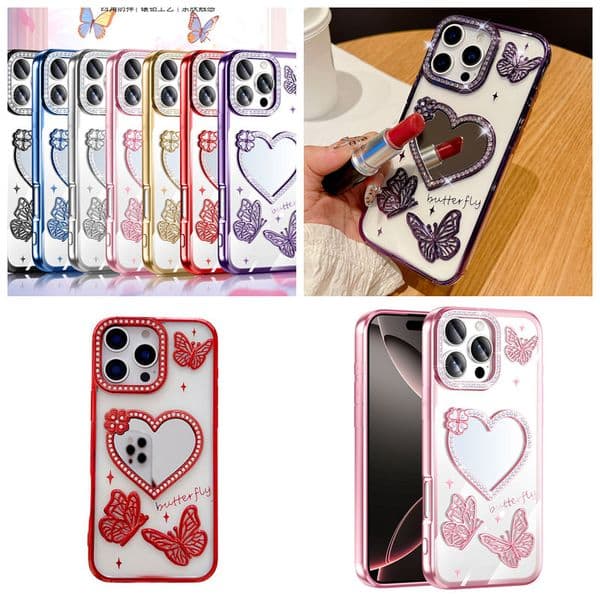 Luxury Heart Make Up Mirror Chromed Cases For Iphone 17 Air 16 Pro Max 15 Plus 14 13 12 11 Butterfly Lovely Star Diamond Bling Plating Soft TPU Love Orange