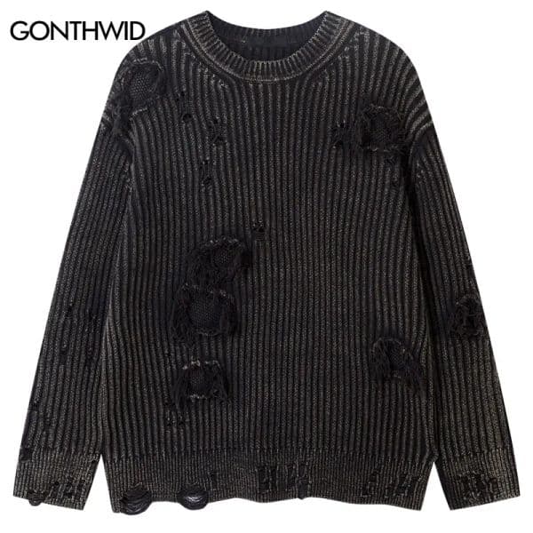 Vintage Sweaters Y2K Hip Hop Knitted Solid Ripped Holes Washed Jumper Streetwear Men Harajuku Baggy Punk Gothic Pullover Sweater
