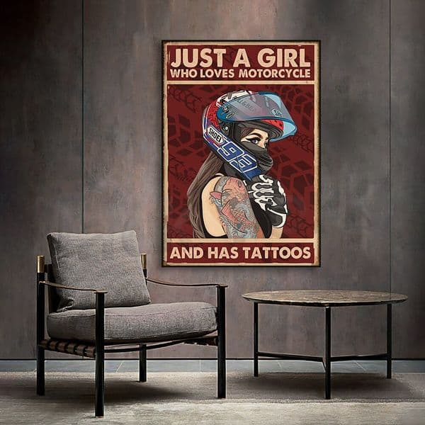 Tattoo Girl Biker Racer Poster Just A Girl Who Loves Motorcycles Tattoos Wall Decor for Home Living Room Unique Art Print fo