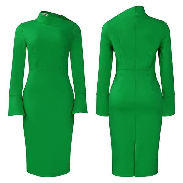 (293) Autumn and winter new long-sleeved hip-wrapped large-size oblique collar solid color large-size women's dress
