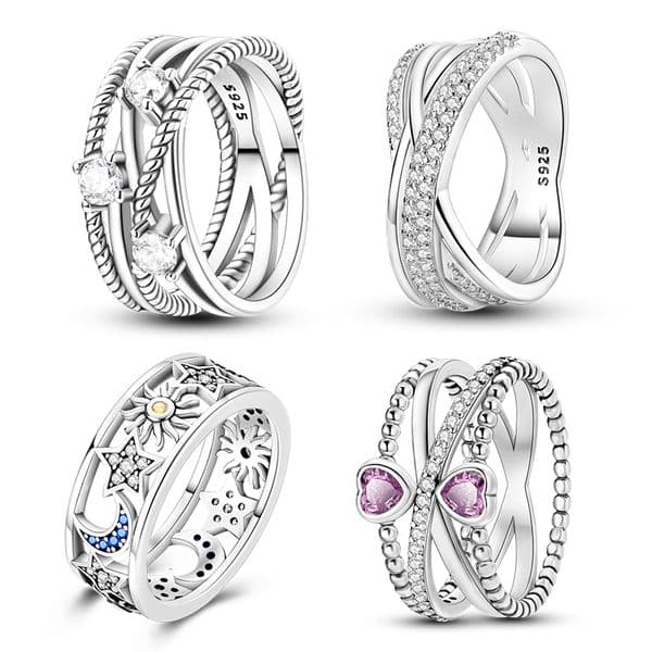 New 925 Sterling Silver Ring Pink Heart Blue Sun Star Moon Crossover Wide Rings For Women Party Birthday Jewelry Silver Gift