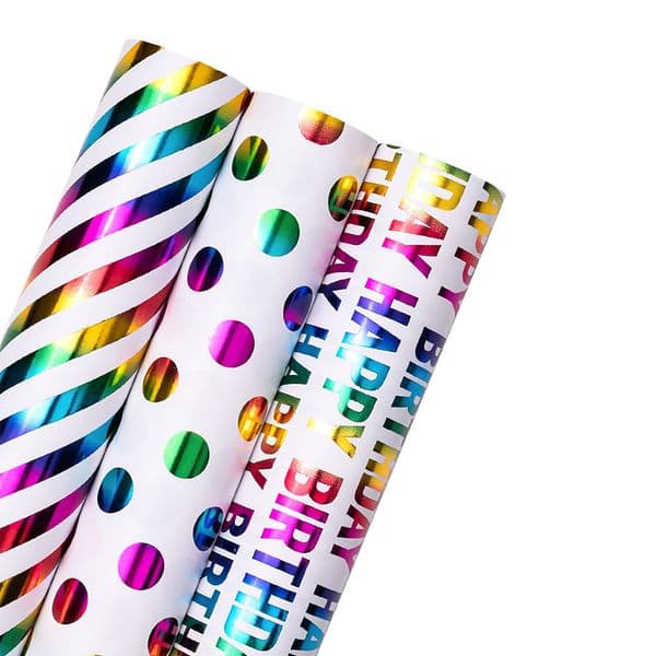 1 Roll 17 inch x 120 inch Per roll Birthday Wrapping Paper Roll Colorful Foil Birthday Design for Party, Holiday, Shower