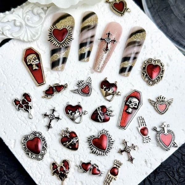 20PCS Luxurious Heart Angel Devil Alloy Nail Charms Minimalist Cross Red Diamond Inlaid Nail Art Accessories for Making DIY Nail