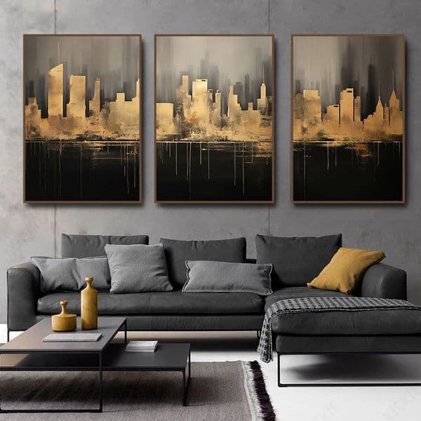 Golden City Horizon Poster Minimalist City Skyline Abstract Canvas Painting Wall Art Print for Living Room Home Decor Cuadros