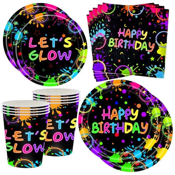 Neon Party Supplies Let Glow Party Disposable Plate Cup Napkin Glow in the Dark Theme Decoration for Birthday Baby Shower Party