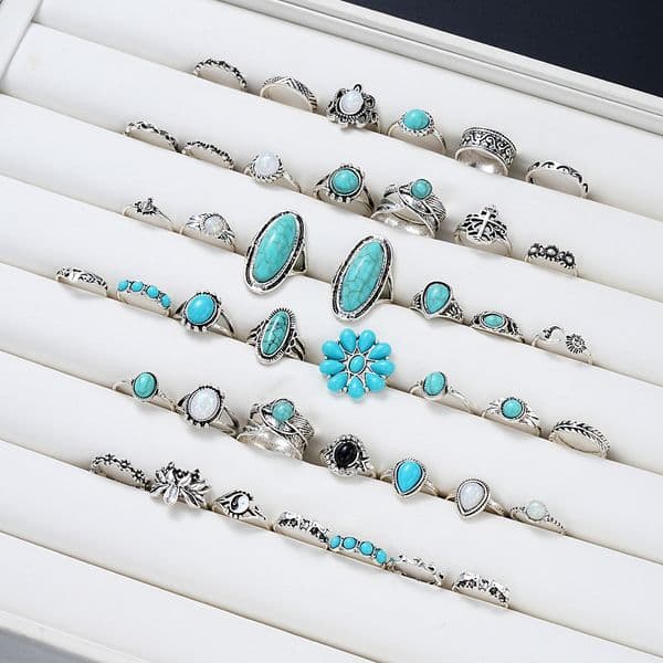 42Pcs/Set Vintage Boho Turquoise Rings Set for Women Ethnic Style Geometric Flower Opening Adjustable Ring Fashion Party Gifts