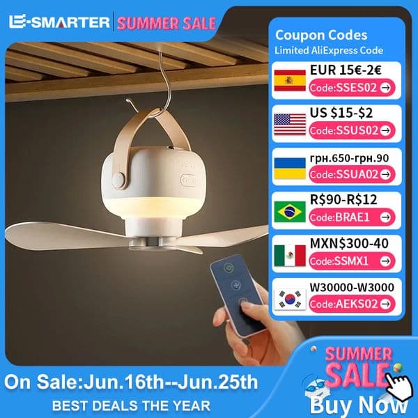 Portable Ceiling Fans Outdoor Camping Fan Tent Ventilator Cooler Rechargeable Electric Fan Remote Control LED Lighting