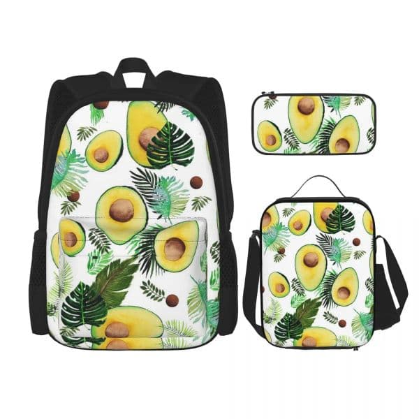 Tropical Avocado Backpacks Boys Girls Bookbag Students School Bags Cartoon Kids Rucksack Lunch Bag Pen Bag Three-Piece Set