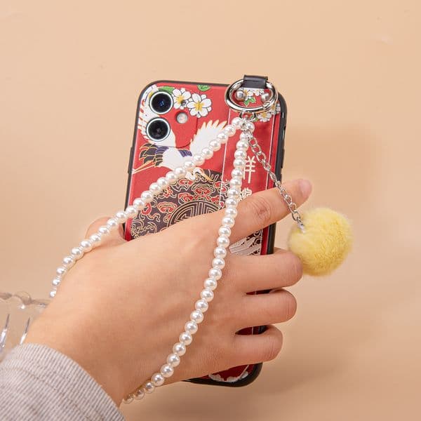 Pearl chain + Plush ball Ancient style case with fashionable phone chain