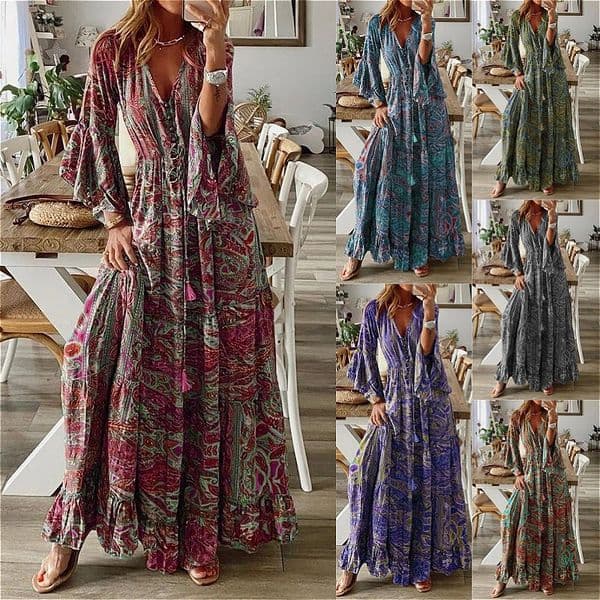 184 Bohemian style trumpet sleeves printed V-neck high waist holiday dress floral long dress