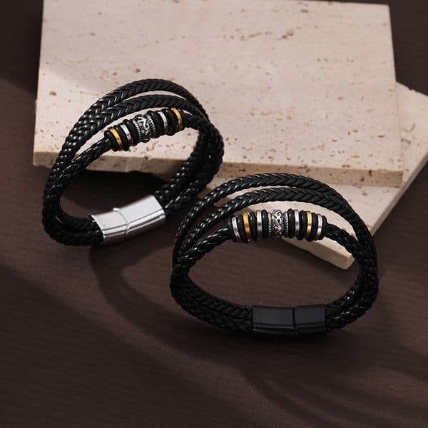 Handmade Three-layer Woven Ethnic Style Leather Men's Fashion Alloy Beaded Bracelet