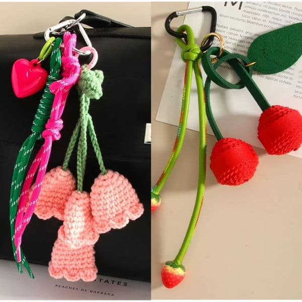 Crocheted Lily Valley Pendant Pu Cherry Braided Ball Pendant Creative Cute Strawberry Keychain Love Braided Rope Bag Pendant