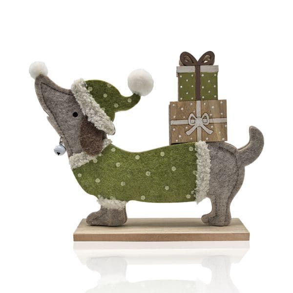 Small pinewood dog figurine with white fur ball bell made of non-woven fabric Christmas gift decoration Creative desktop figurine Cute pet wooden craft