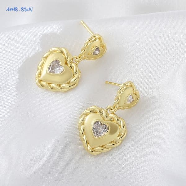 MHS.SUN Creative Double Love Heart Drop Earrings For Women Fashion 22K Gold Plated Zircon Personality Earring Jewelry Party Gift