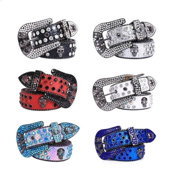 Best Home Skull Buckle Strap Womens Pu Leather Strap Rhinestone Buckle Strap Western Cowboy Y2k Girls Jeans Zipper Fashion Strap 240924