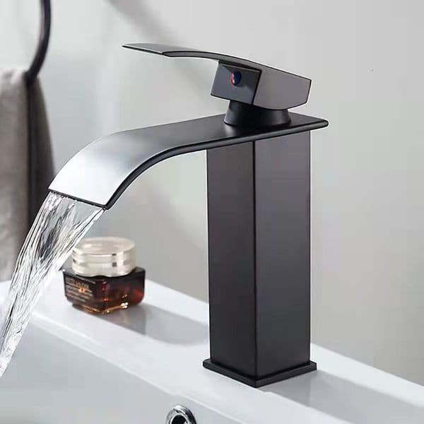 Flat Spout Waterfall Stainless Steel Above Under Counter Basin Black Bathroom Hot and Cold Water Faucet