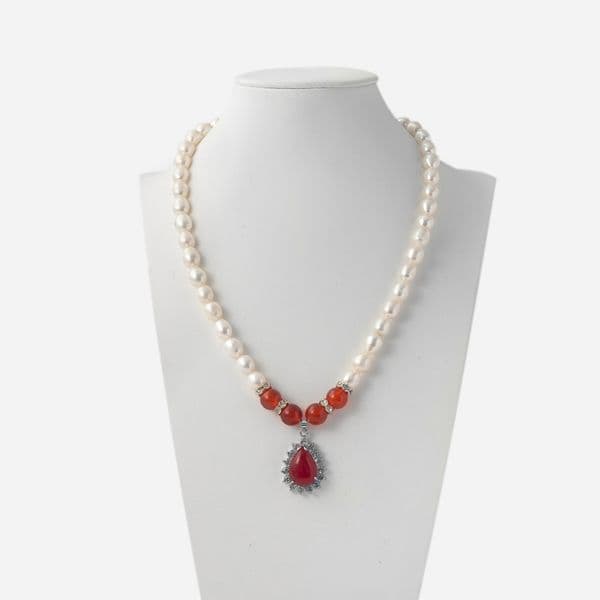 8-9mm White Rice Naturla Pearl Beads With Red Agate Pendant Pearl Necklace Gift for Mom Grandma Wife Girl friend Other Women