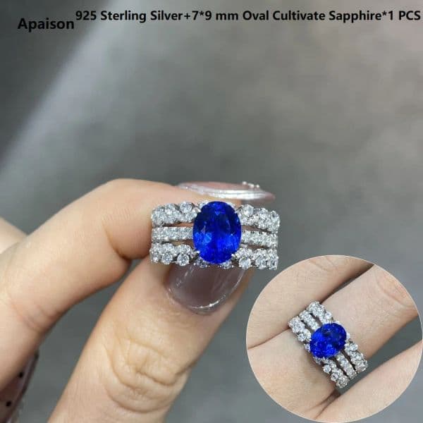 Apaison 7*9 mm Oval Cultivate Sapphire Three Circles Ring Wedding Anniversary 925 Sterling Silver Rings For Women Jewelry Gift